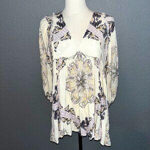 FREE PEOPLE BOHO Girl Talk Printed Tunic Top V-Neck 3/4 Blouson Sleeve EUC - XS